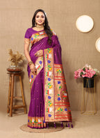 Vsaree Violet Paithani Silk Flower Border And Zari Weaving Rich Pallu With Blouse