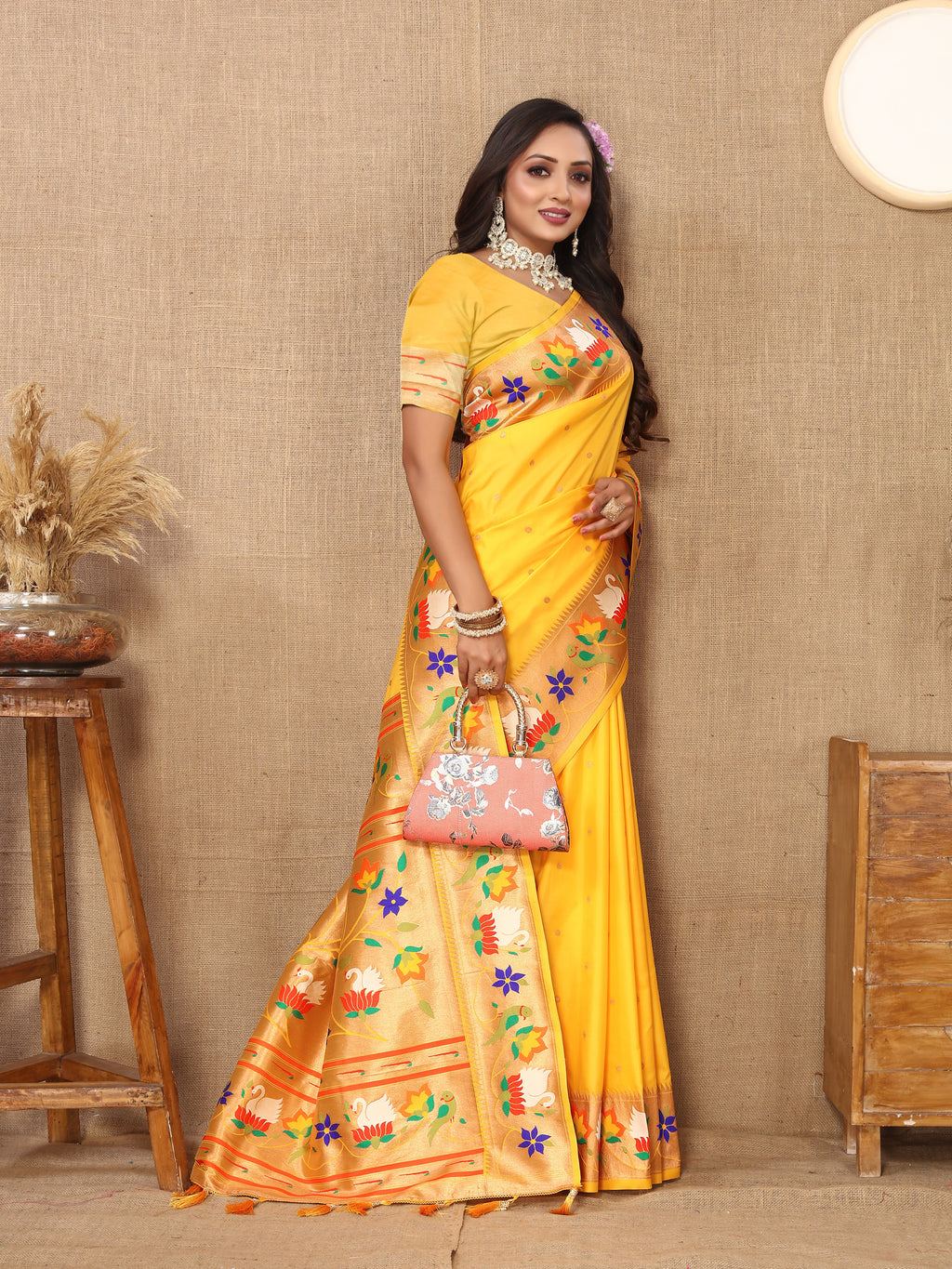 Vsaree Yellow Paithani Silk Flower Border And Zari Weaving Rich Pallu With Blouse