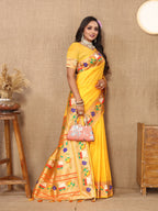 Vsaree Yellow Paithani Silk Flower Border And Zari Weaving Rich Pallu With Blouse