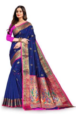 Vsaree Blue Paithani Silk Flower Border And Zari Weaving Rich Pallu With Blouse