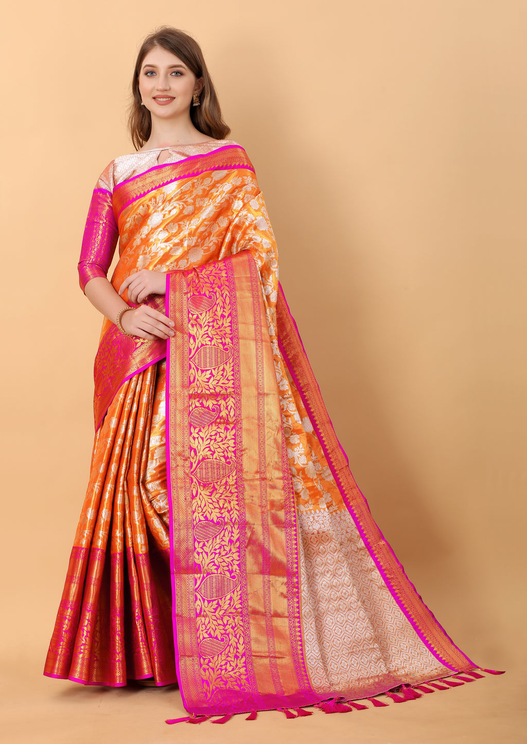 Vsaree Orange Kanjivaram Silk And Zari weaving Saree With Designer Border And Blouse