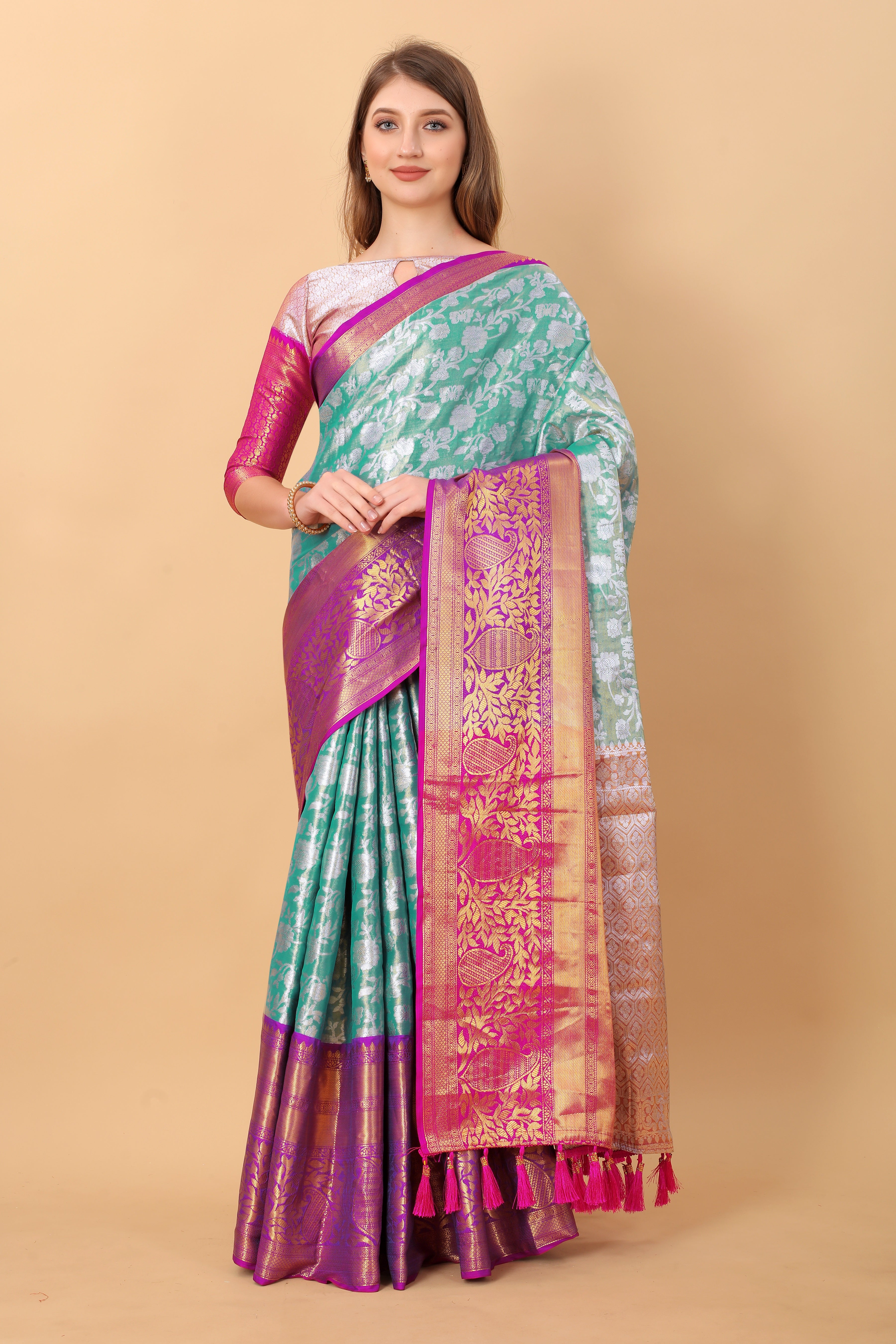 Vsaree Sky Blue Kanjivaram Silk And Zari weaving Saree With Designer Border And Blouse