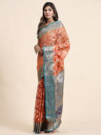 Vsaree Orange Designer Organza Silk Saree With Heavy Rich Pallu And Blouse