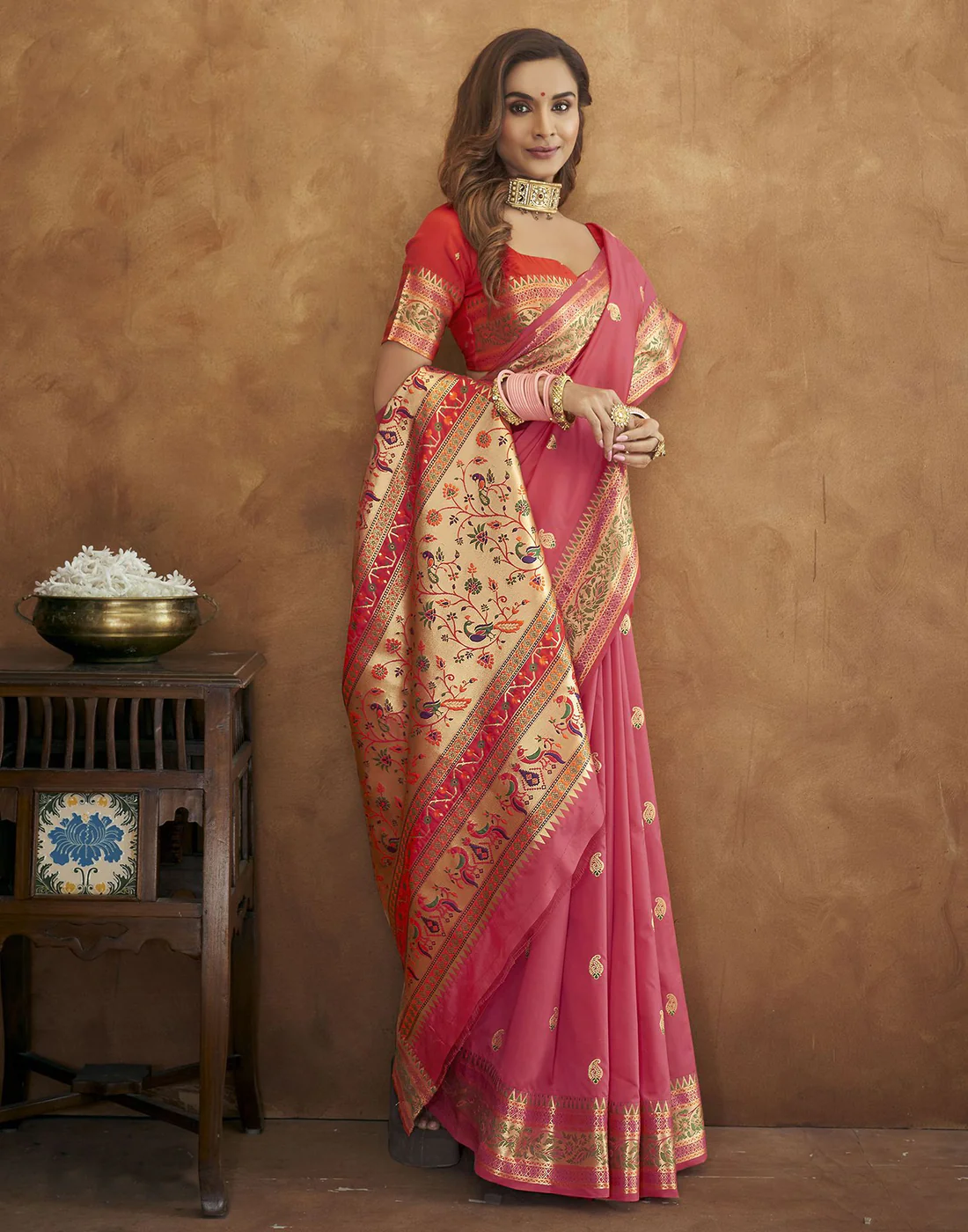 Vsaree Light Pink Paithani Silk Flower Border And Zari Weaving Rich Pallu With Blouse