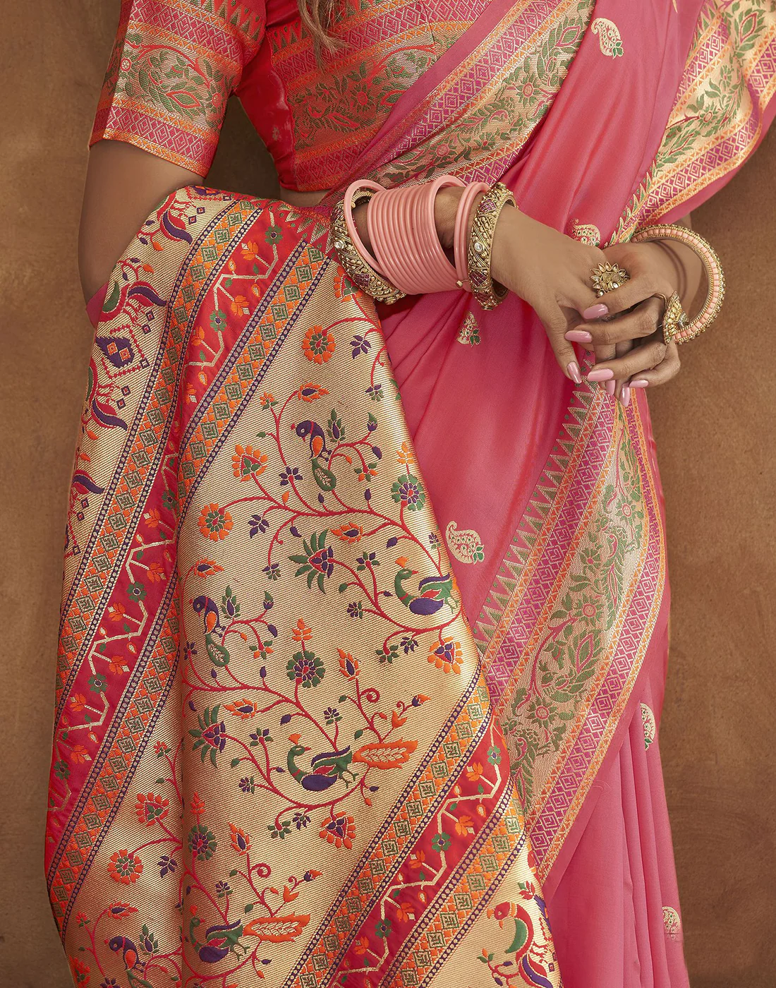 Vsaree Light Pink Paithani Silk Flower Border And Zari Weaving Rich Pallu With Blouse