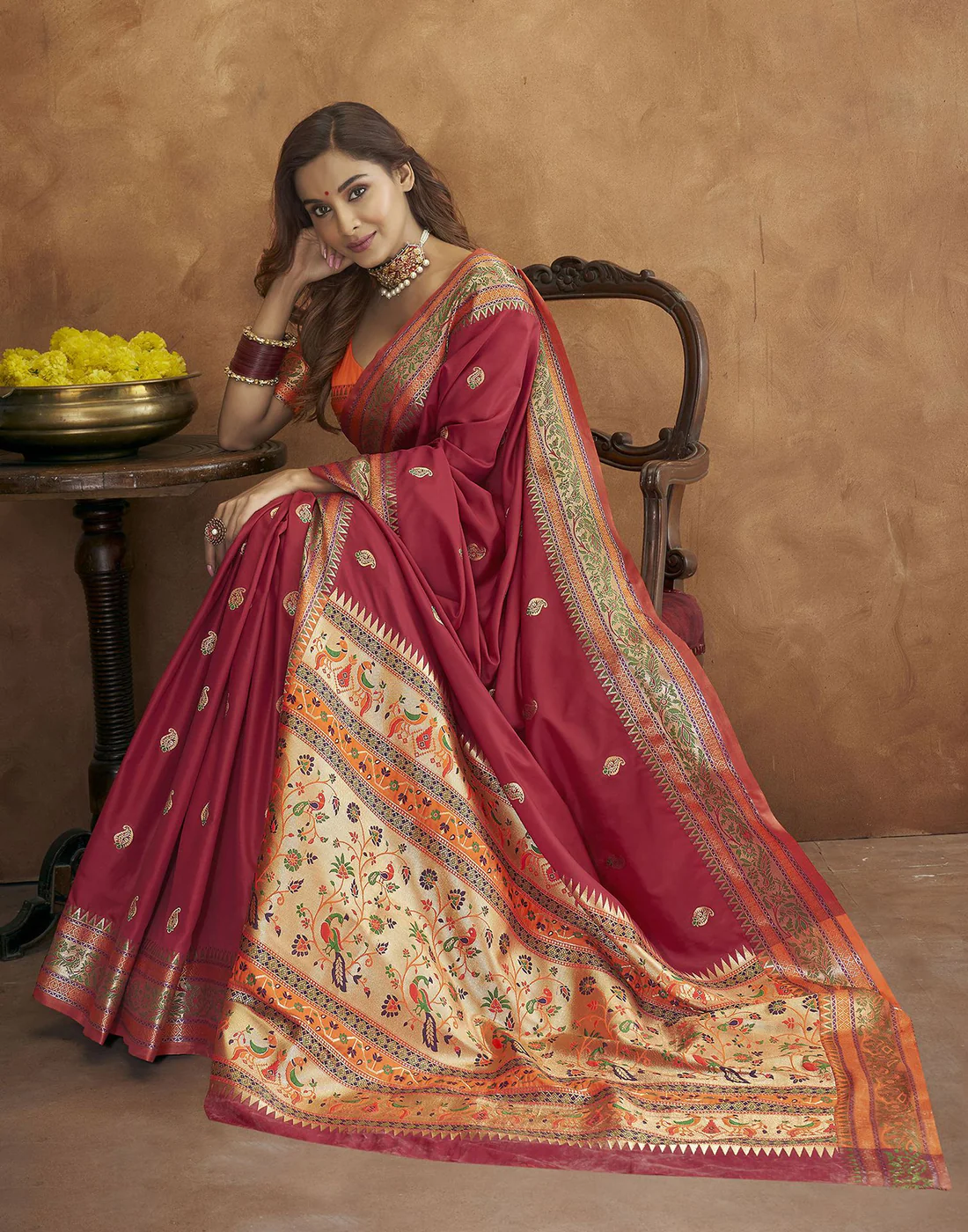 Vsaree Maroon Paithani Silk Flower Border And Zari Weaving Rich Pallu With Blouse