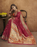 Vsaree Maroon Paithani Silk Flower Border And Zari Weaving Rich Pallu With Blouse