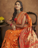 Vsaree Orange Paithani Silk Flower Border And Zari Weaving Rich Pallu With Blouse