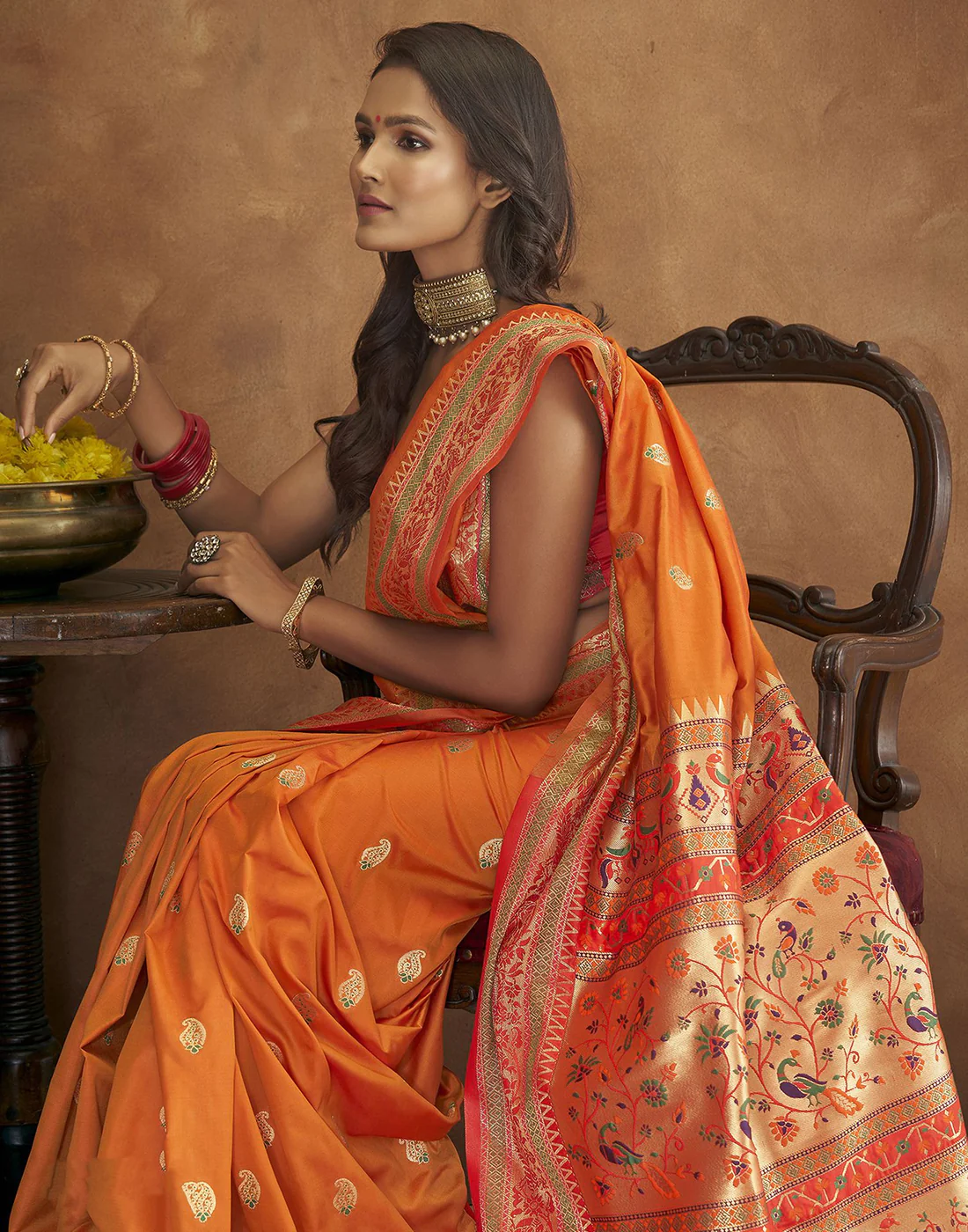 Vsaree Orange Paithani Silk Flower Border And Zari Weaving Rich Pallu With Blouse