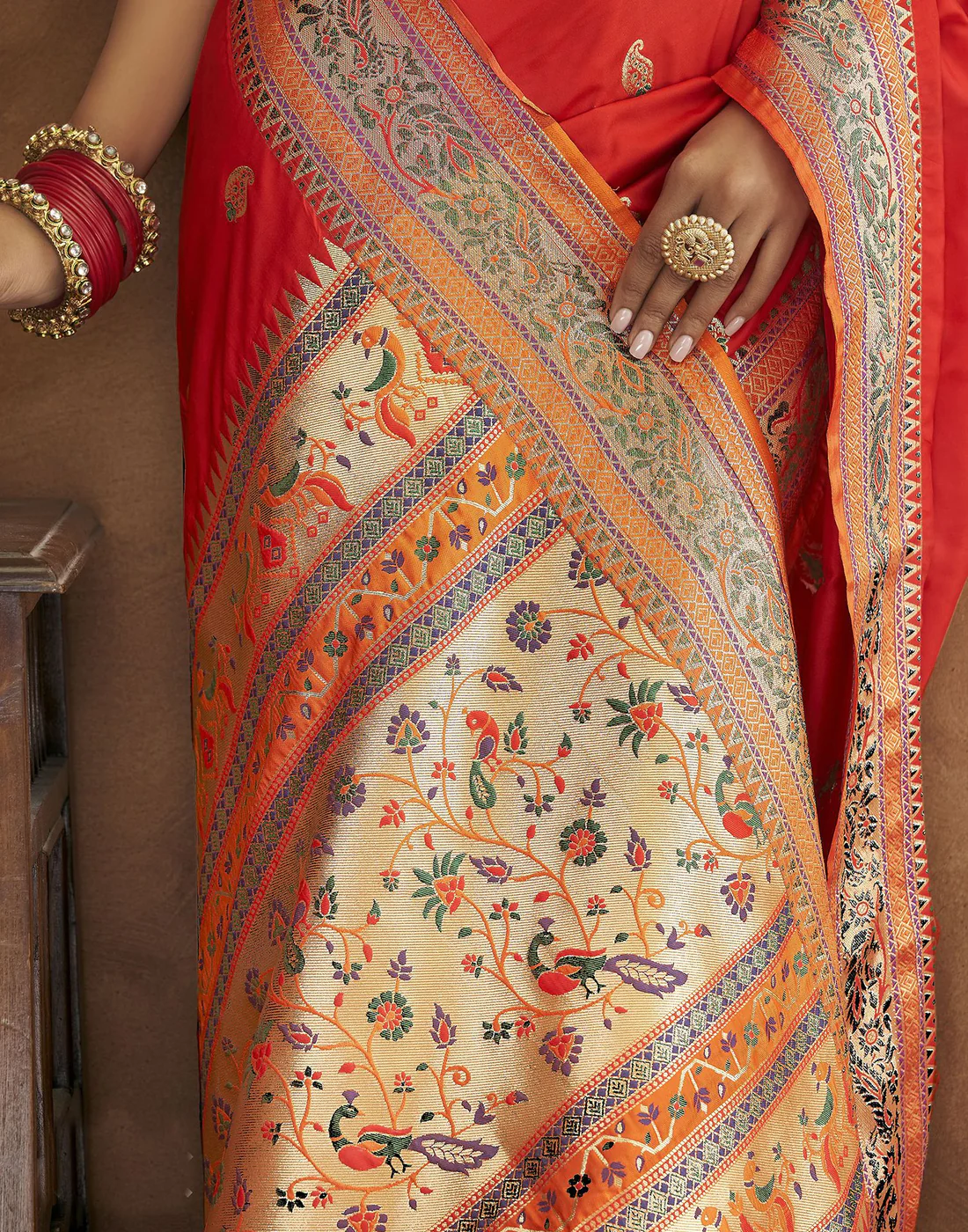 Vsaree Red Paithani Silk Flower Border And Zari Weaving Rich Pallu With Blouse