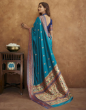 Vsaree Teal Paithani Silk Flower Border And Zari Weaving Rich Pallu With Blouse