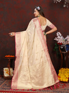 Vsaree Cream Silk Blend Saree With Flower Design Border And Blouse