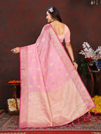 Vsaree Pink Silk Blend Saree With Flower Design Border And Blouse