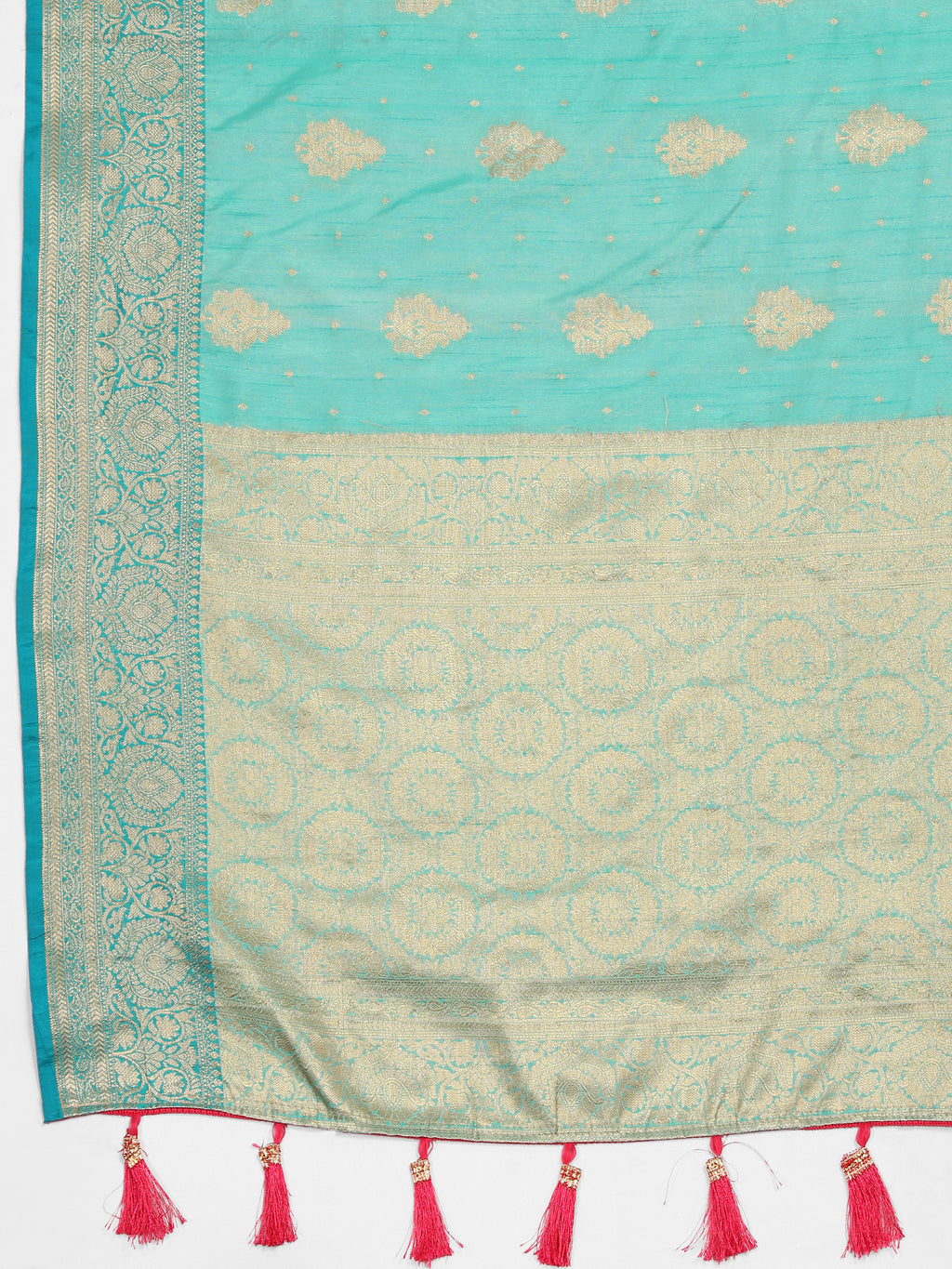 Vsaree Teal Silk Blend Saree With Flower Design Border And Blouse