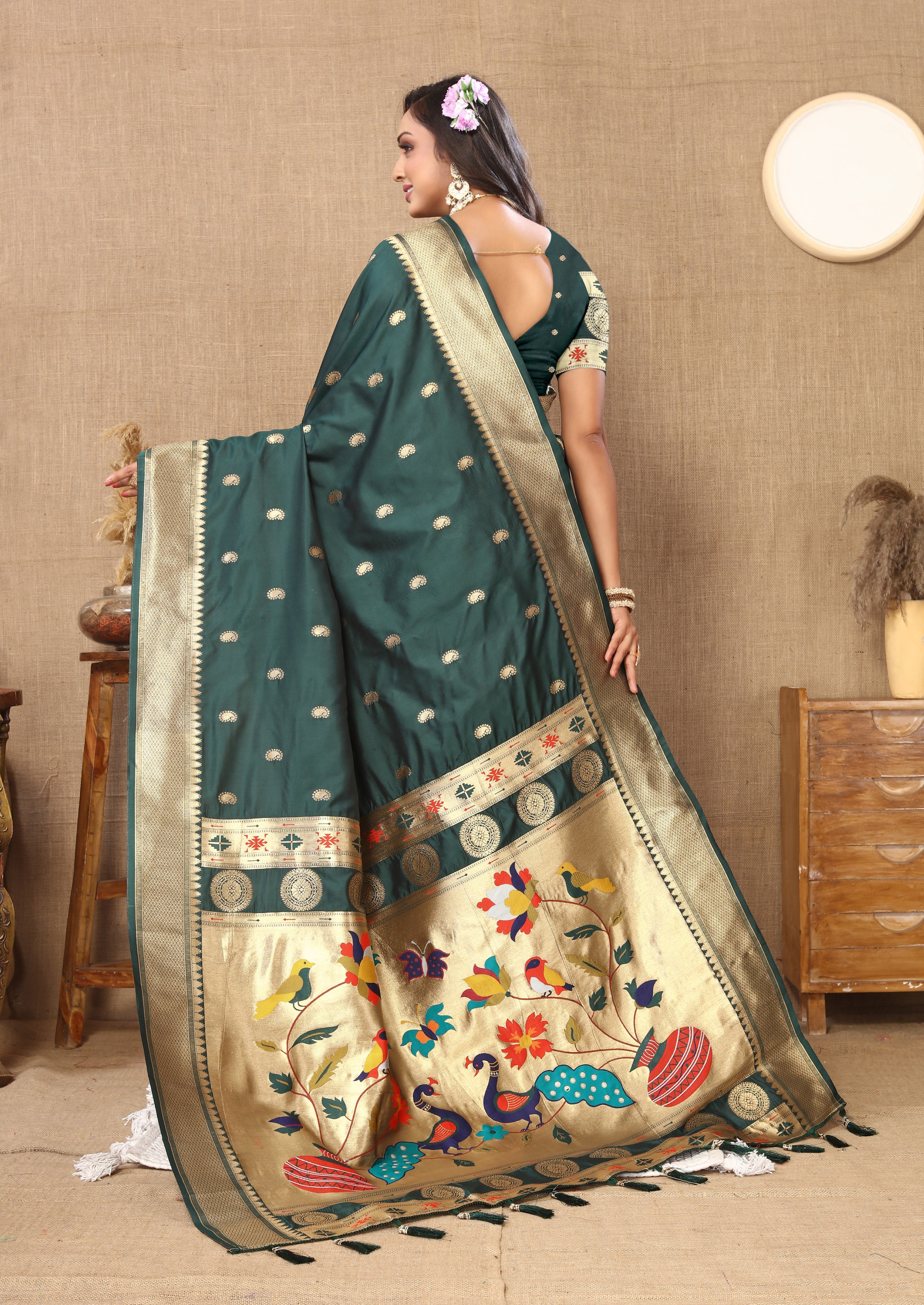 Vsaree Green Paithani Silk Flower Border And Zari Weaving Rich Pallu With Blouse