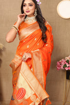Vsaree Orange Paithani Silk Flower Border And Zari Weaving Rich Pallu With Blouse