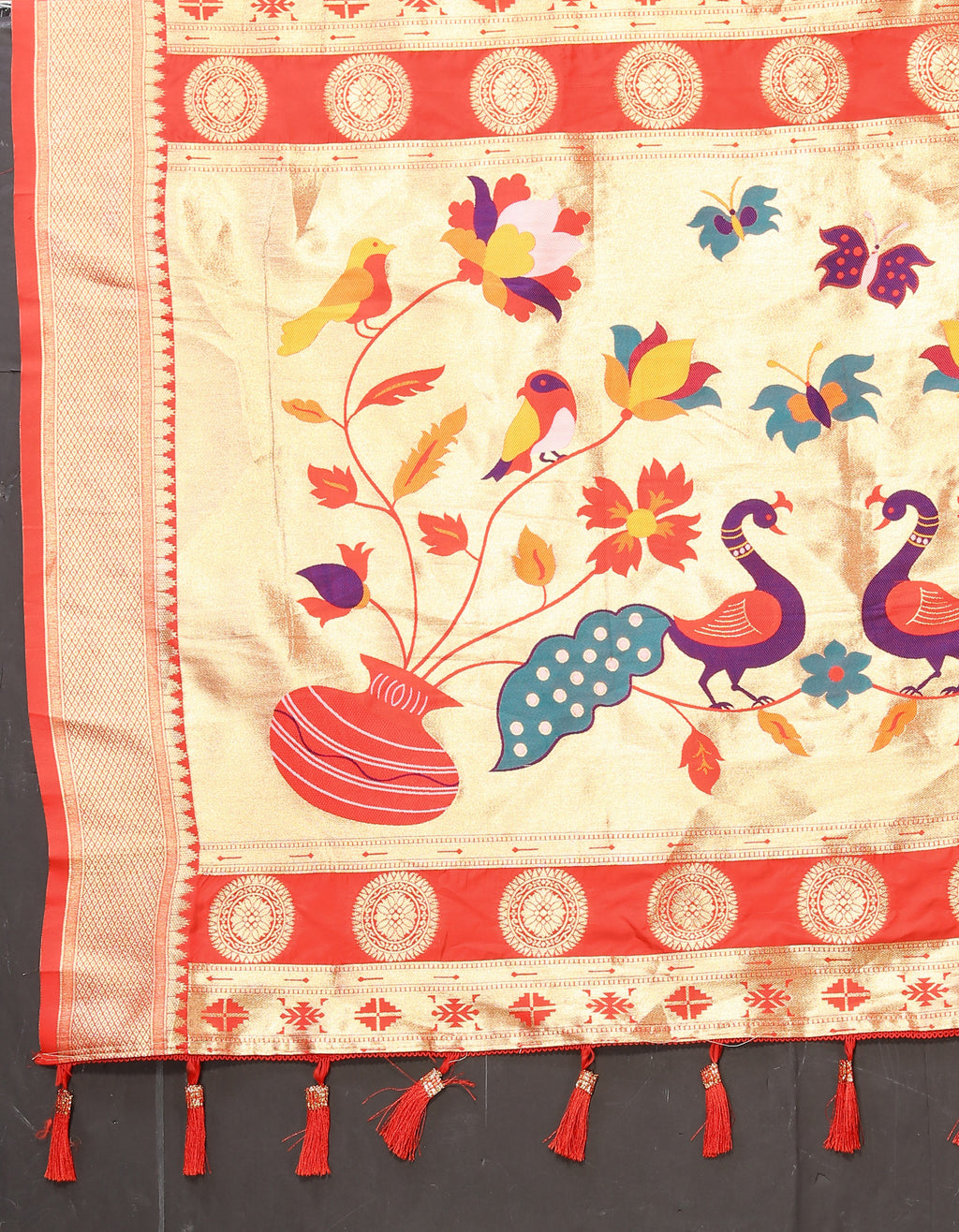 Vsaree Red Paithani Silk Flower Border And Zari Weaving Rich Pallu With Blouse