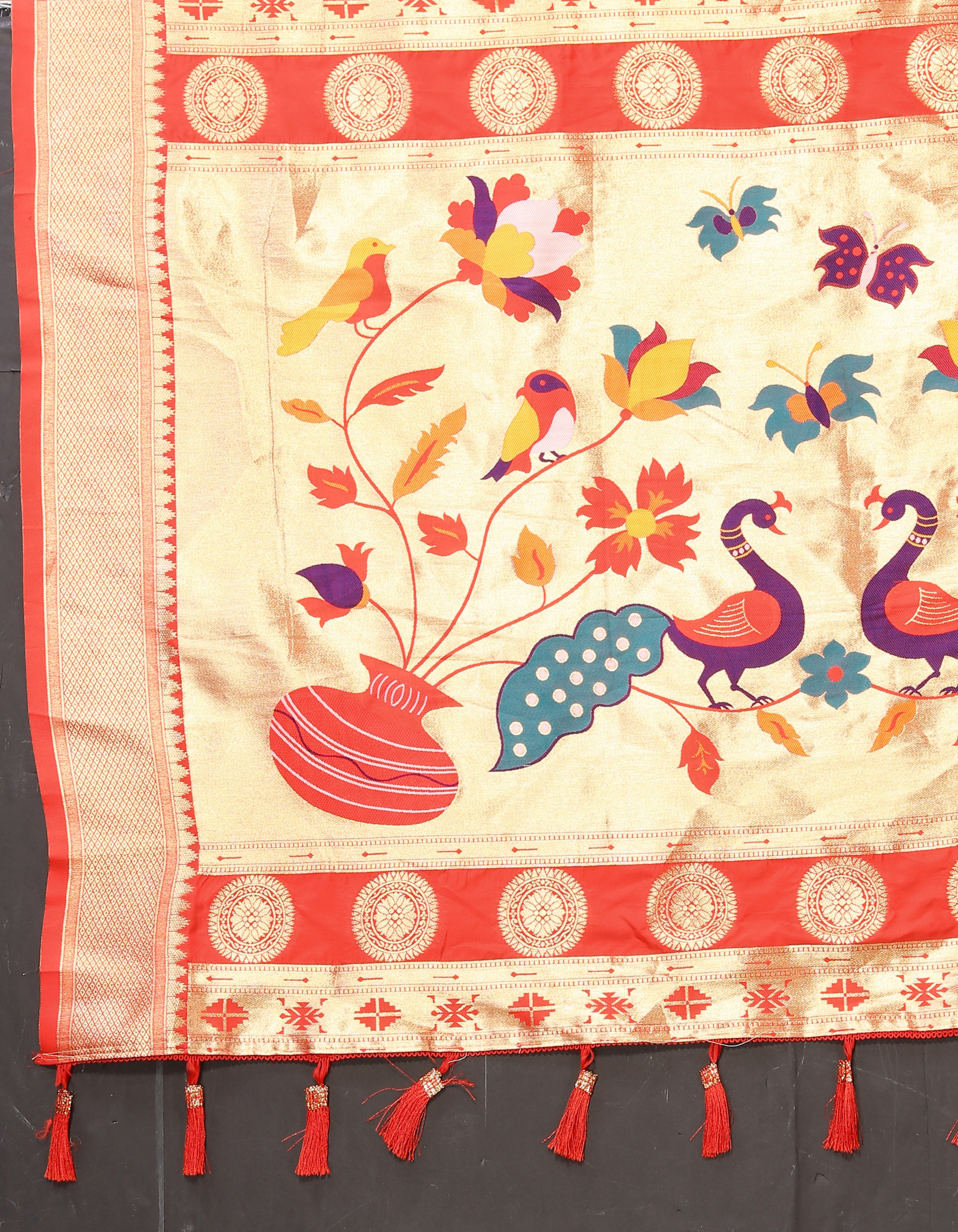 Vsaree Red Paithani Silk Flower Border And Zari Weaving Rich Pallu With Blouse