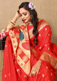 Vsaree Red Paithani Silk Flower Border And Zari Weaving Rich Pallu With Blouse