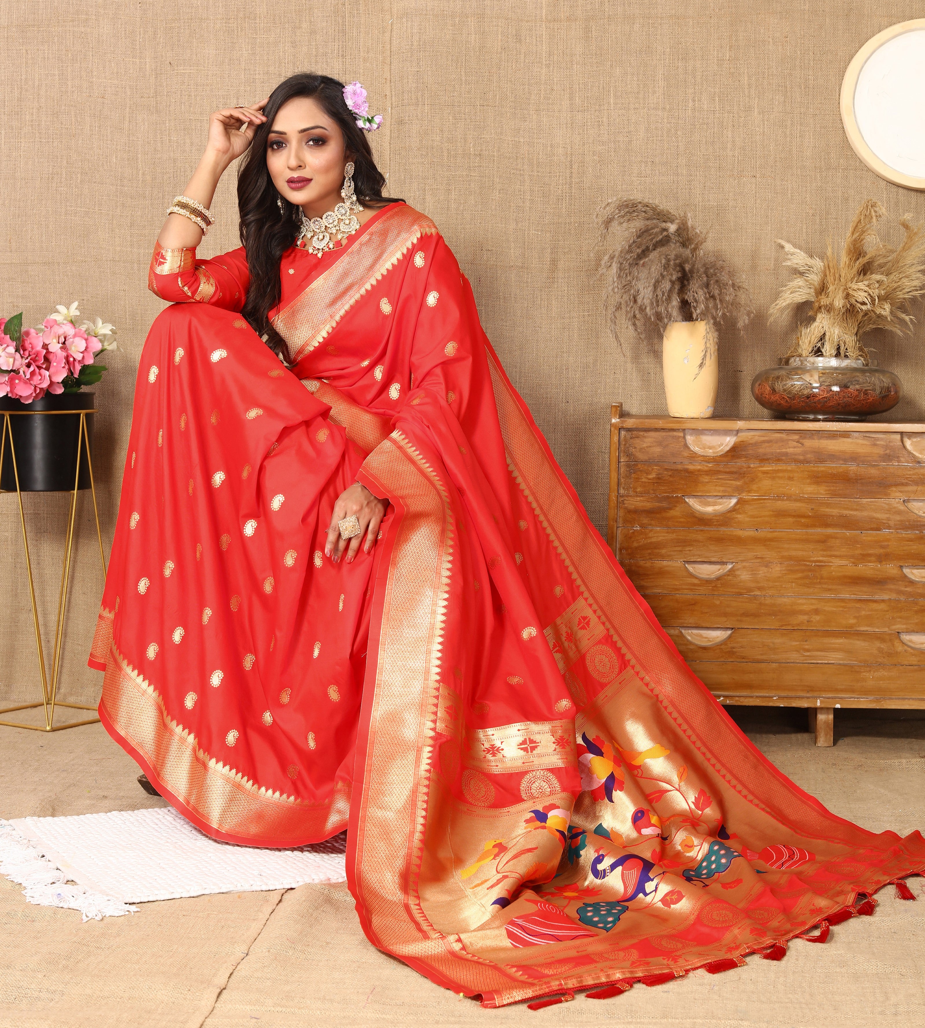 Vsaree Red Paithani Silk Flower Border And Zari Weaving Rich Pallu With Blouse