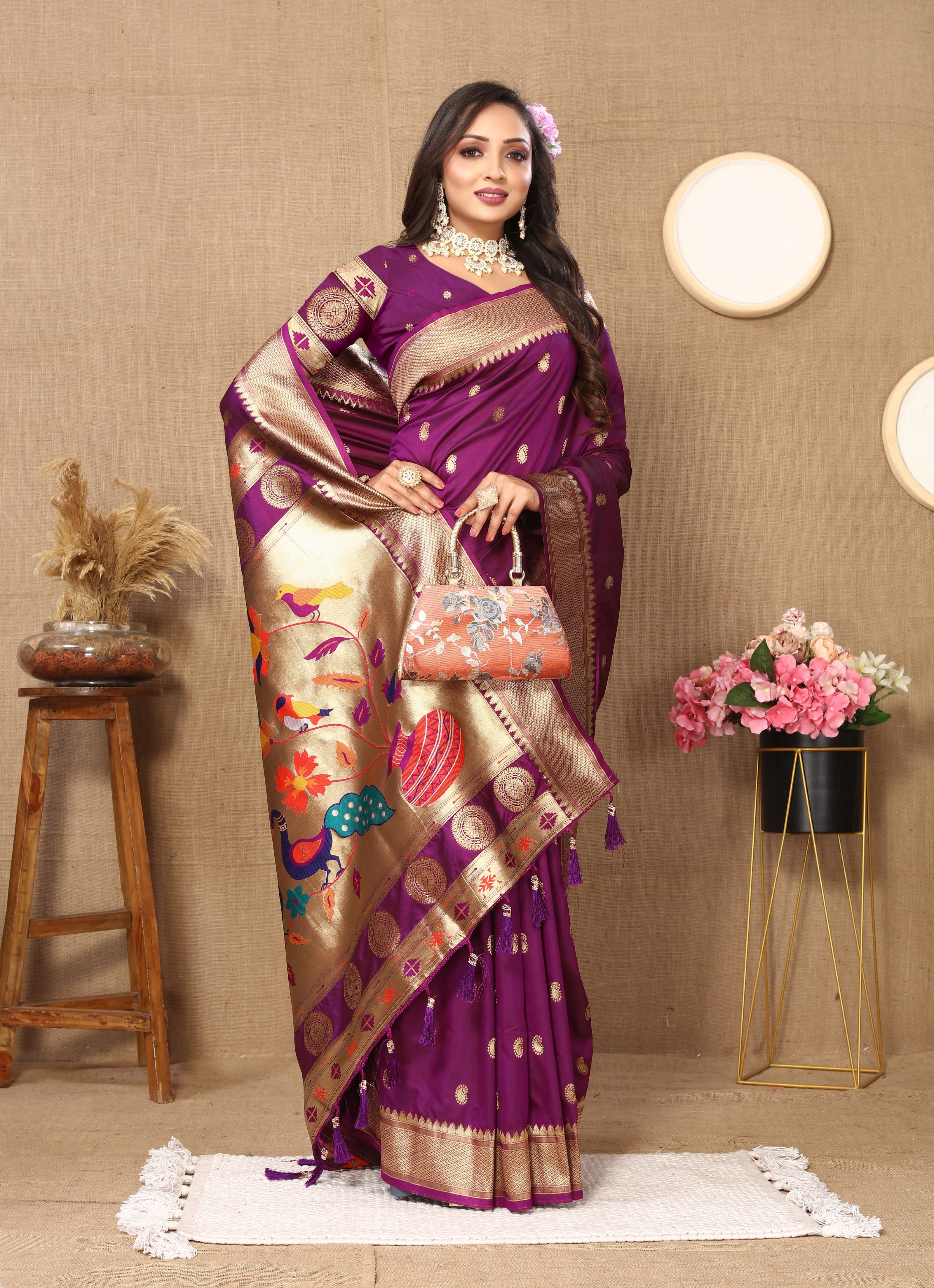 Vsaree Wine Paithani Silk Flower Border And Zari Weaving Rich Pallu With Blouse