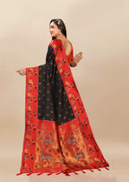 Vsaree Black Paithani Silk Flower Border And Zari Weaving Rich Pallu With Blouse