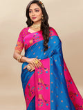 Vsaree Blue Paithani Silk Flower Border And Zari Weaving Rich Pallu With Blouse