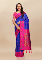 Vsaree Dark Blue Paithani Silk Flower Border And Zari Weaving Rich Pallu With Blouse