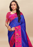 Vsaree Dark Blue Paithani Silk Flower Border And Zari Weaving Rich Pallu With Blouse