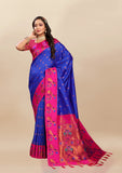 Vsaree Dark Blue Paithani Silk Flower Border And Zari Weaving Rich Pallu With Blouse