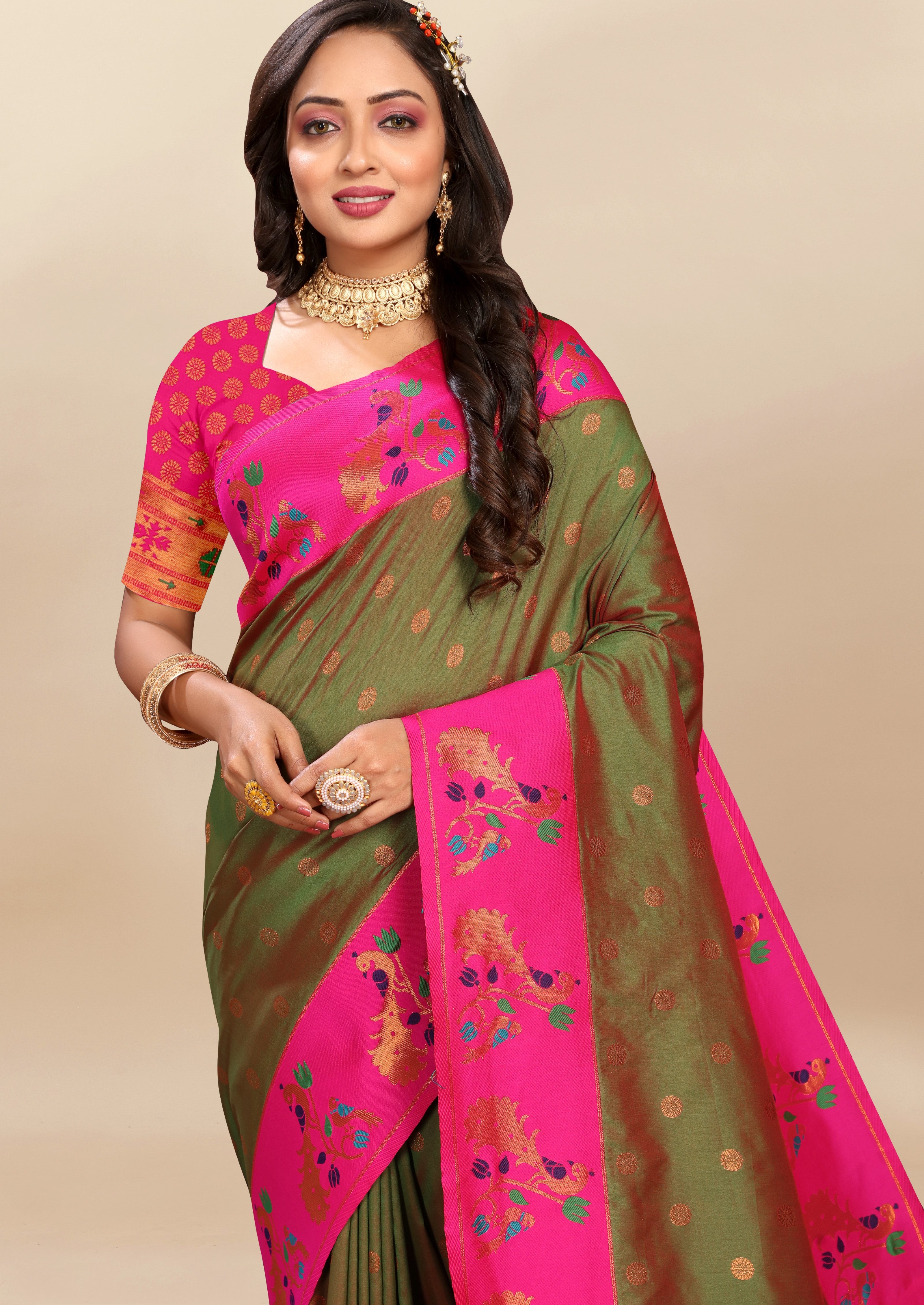 Vsaree Mehendi Paithani Silk Flower Border And Zari Weaving Rich Pallu With Blouse