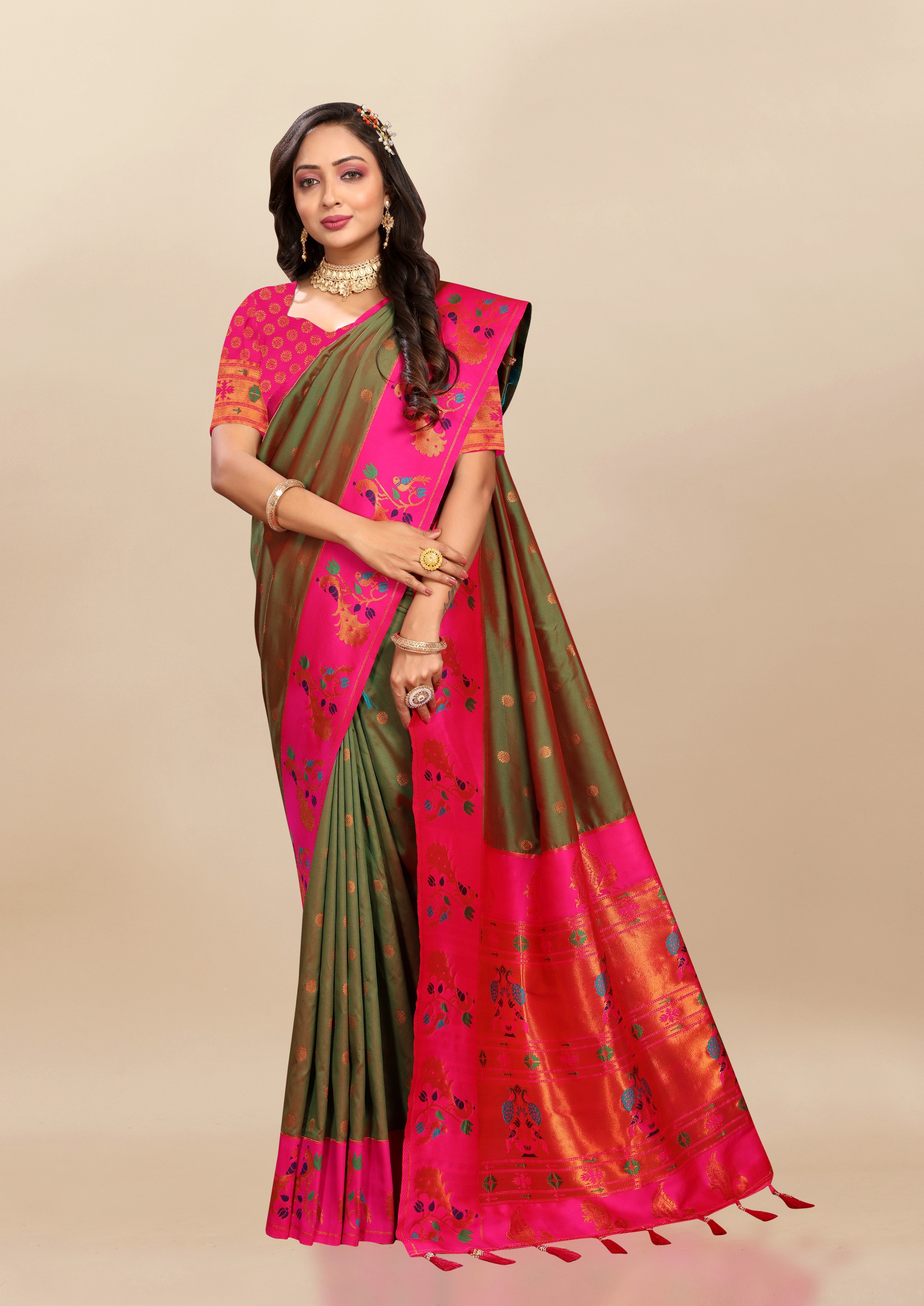 Vsaree Mehendi Paithani Silk Flower Border And Zari Weaving Rich Pallu With Blouse