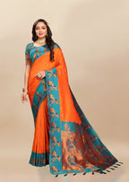 Vsaree Orange Paithani Silk Flower Border And Zari Weaving Rich Pallu With Blouse