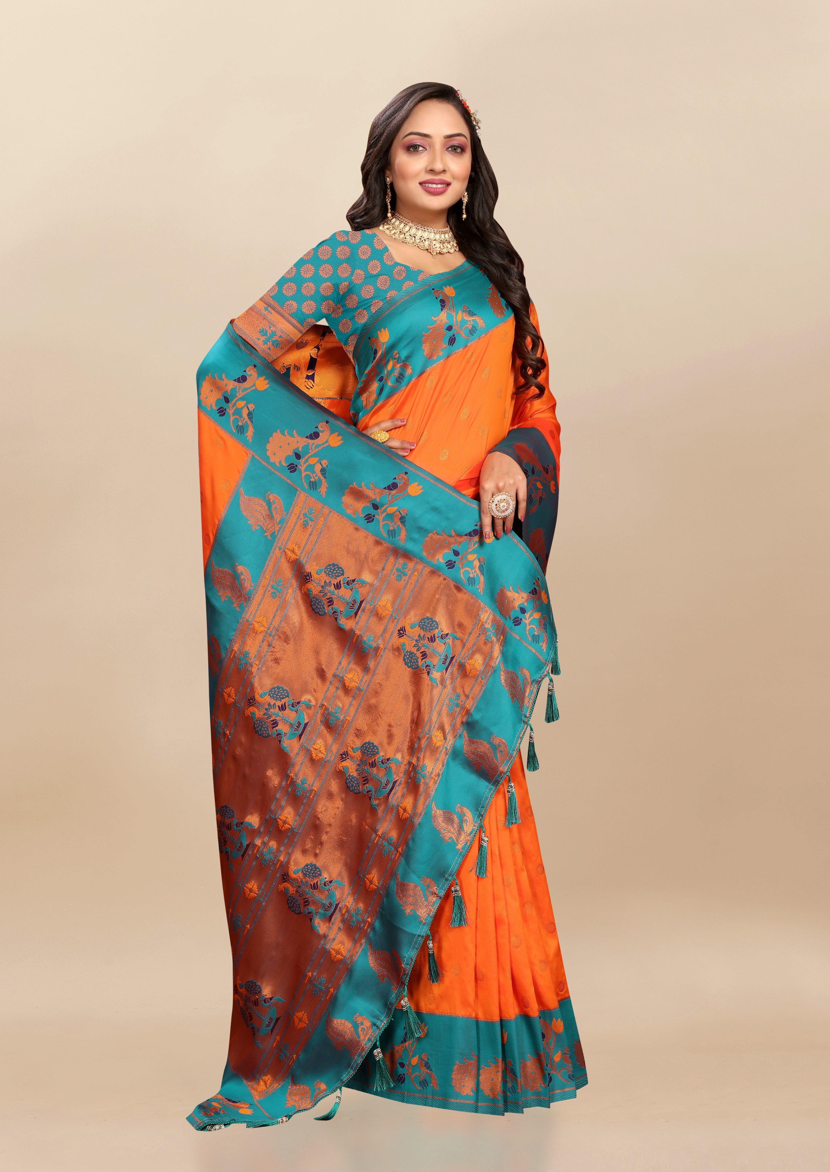 Vsaree Orange Paithani Silk Flower Border And Zari Weaving Rich Pallu With Blouse