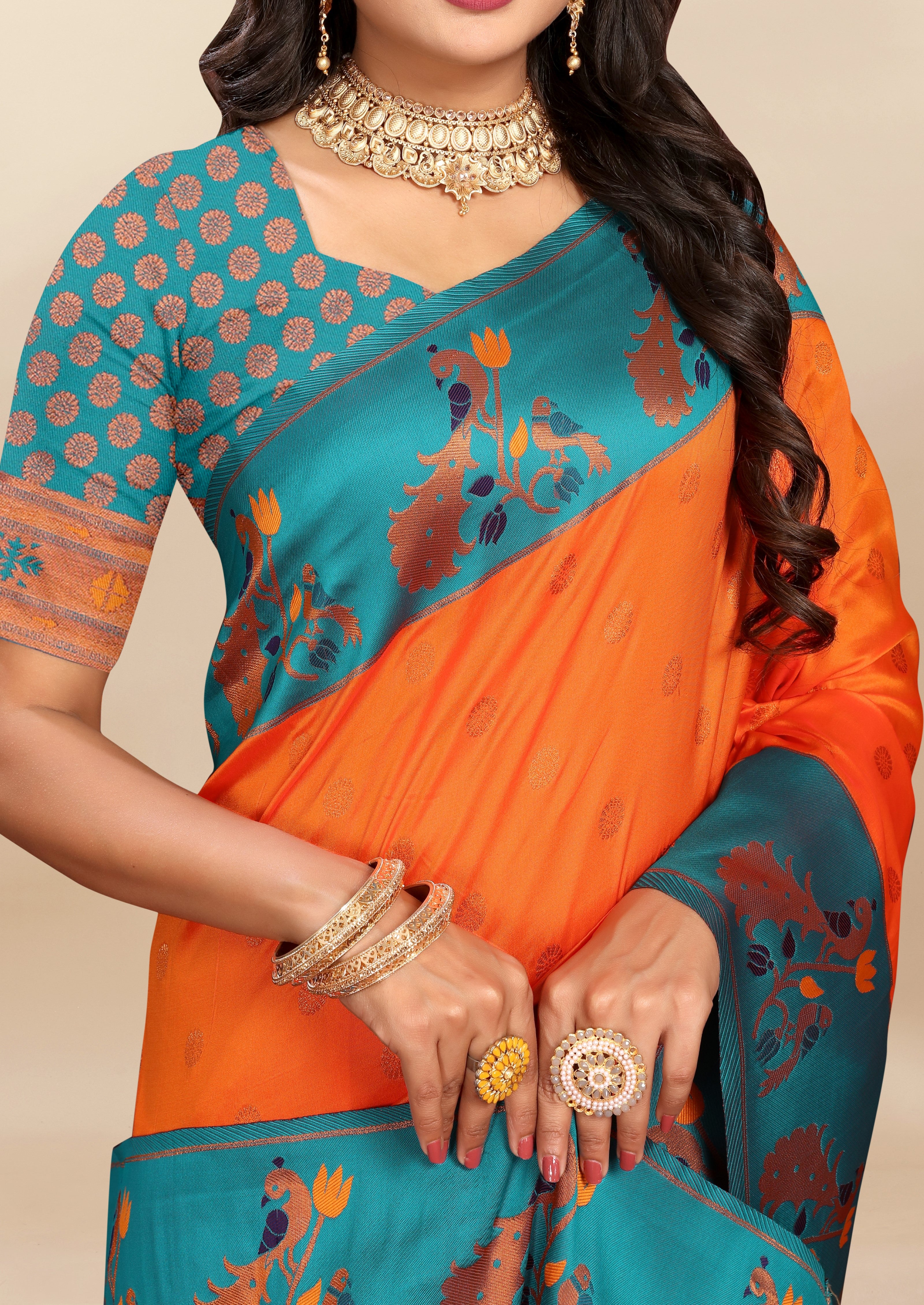 Vsaree Orange Paithani Silk Flower Border And Zari Weaving Rich Pallu With Blouse