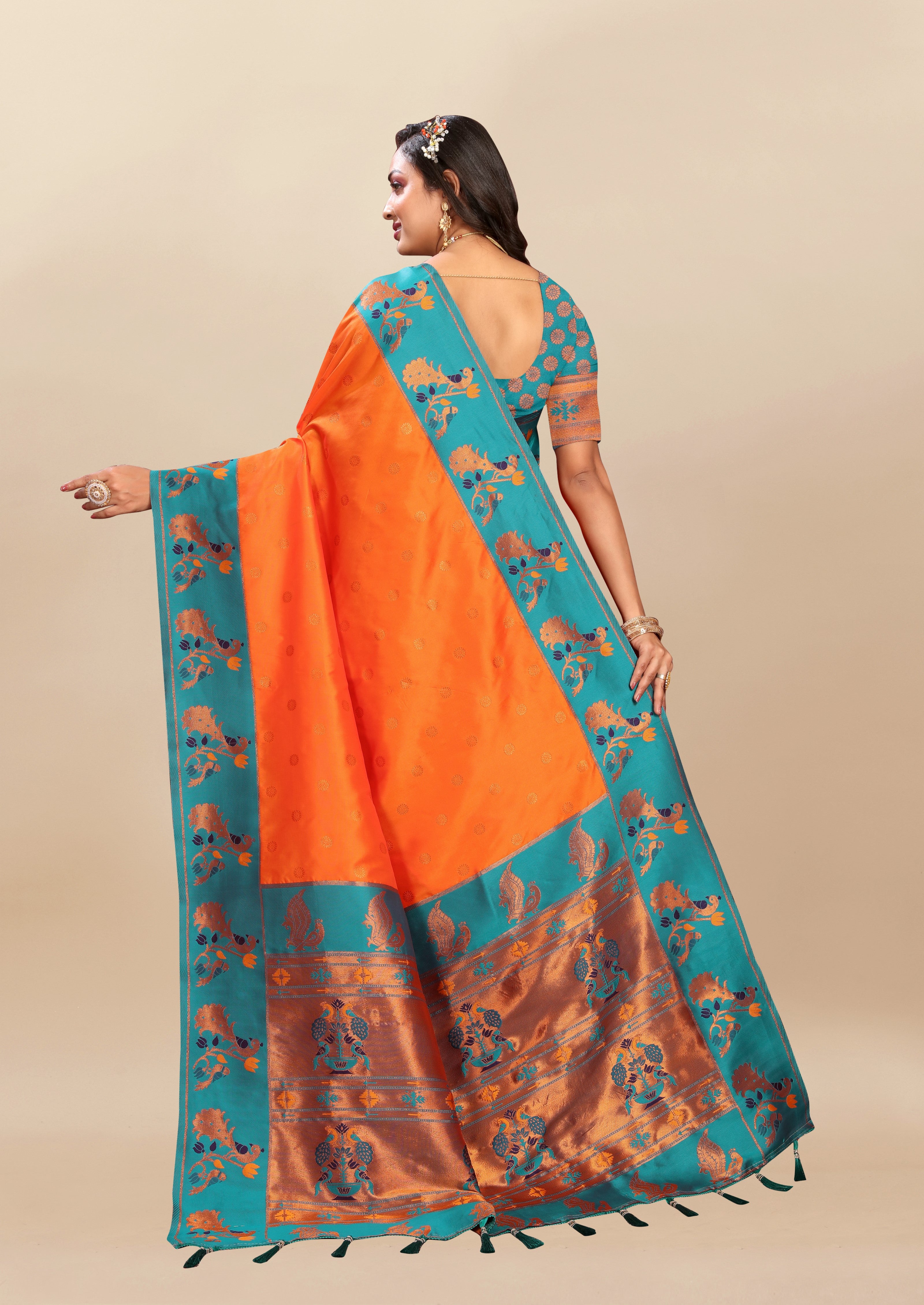 Vsaree Orange Paithani Silk Flower Border And Zari Weaving Rich Pallu With Blouse