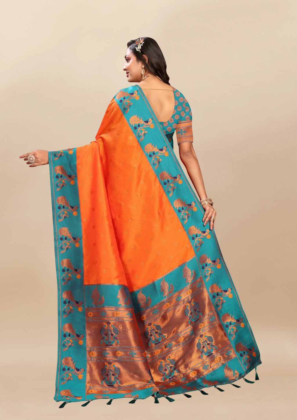 Vsaree Orange Paithani Silk Flower Border And Zari Weaving Rich Pallu With Blouse