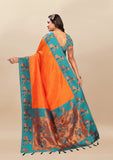 Vsaree Orange Paithani Silk Flower Border And Zari Weaving Rich Pallu With Blouse