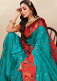 Vsaree Teal Paithani Silk Flower Border And Zari Weaving Rich Pallu With Blouse