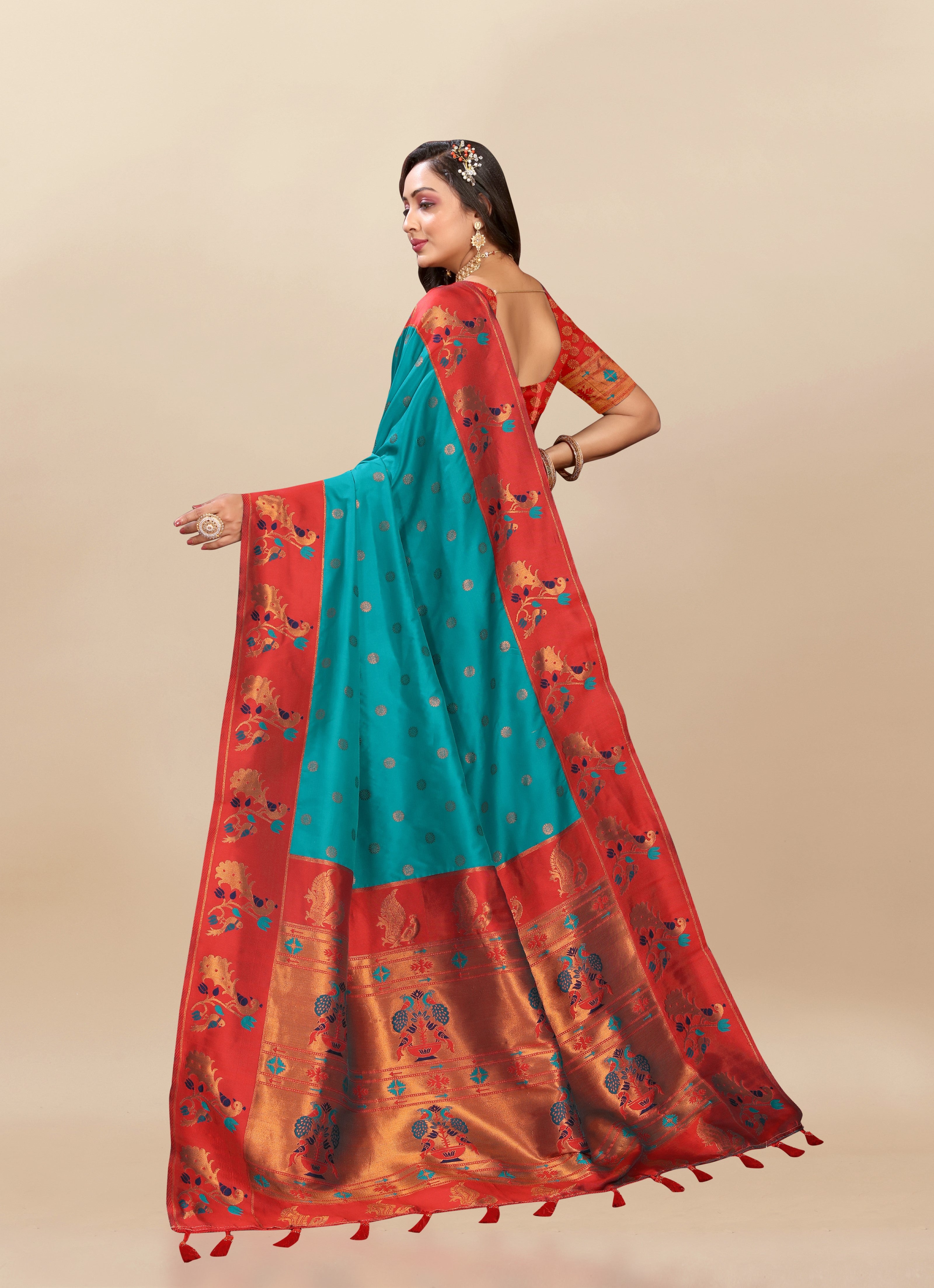 Vsaree Teal Paithani Silk Flower Border And Zari Weaving Rich Pallu With Blouse