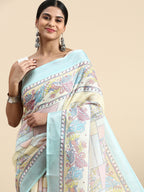 Vsaree Sea Green Linen Saree With Floral Print And Lotus Border Classic Pallu With Blouse