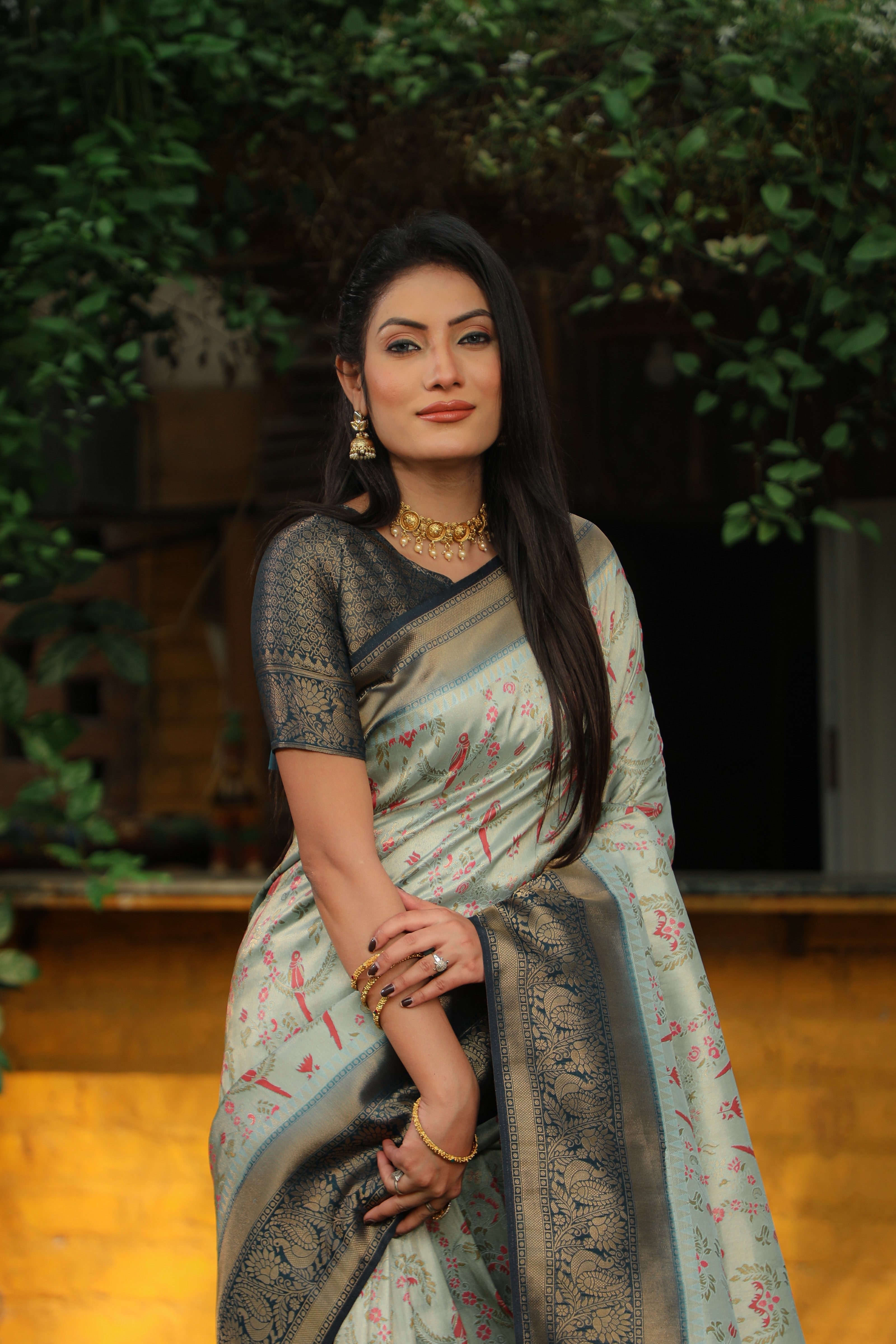 Vsaree Parrot Design Copper Zari Weaving Kanjivaram Silk Saree With Attrective Blouse And Rich Pallu