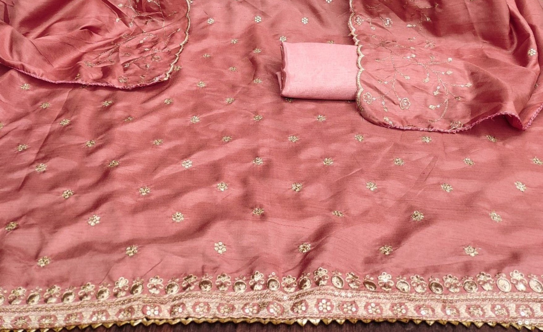 Dark Peach Cotton Silk Dress Function And Wedding Wear  Emboidery Semi Stitched  Matrials For Women