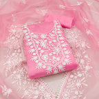 Zooara Pink Color Organza Embroidery White Thread Dress Matrials With Bottom And Dupatta