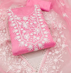 Zooara Pink Color Organza Embroidery White Thread Dress Matrials With Bottom And Dupatta