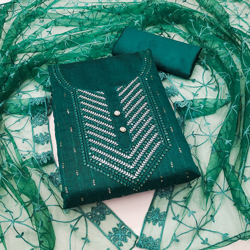 Dark Teal Chanderi Cotton Dress Function And Wedding Wear  Emboidery Semi Stitched  Matrials For Women