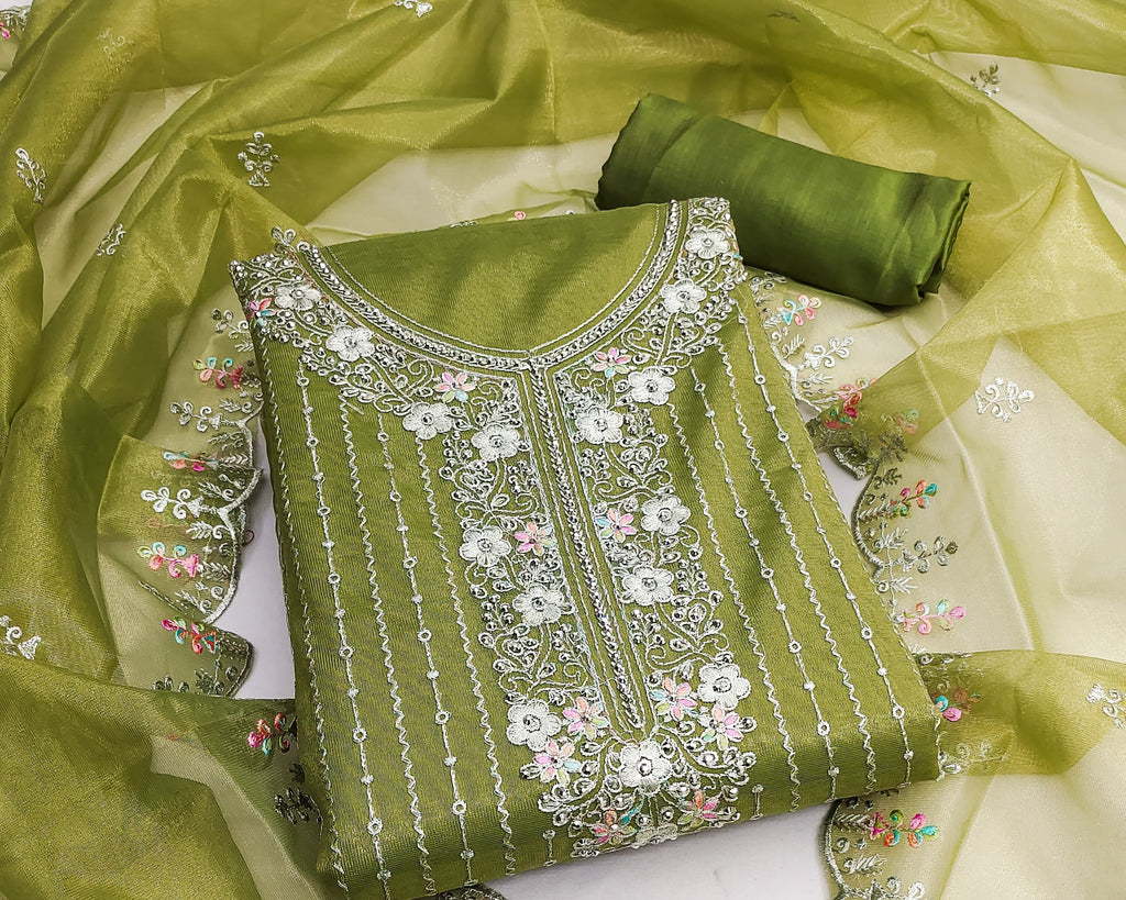 Green Viscose Dress Function And Wedding Wear  Embrodary  Work Semi Stitched  Matrials For Women