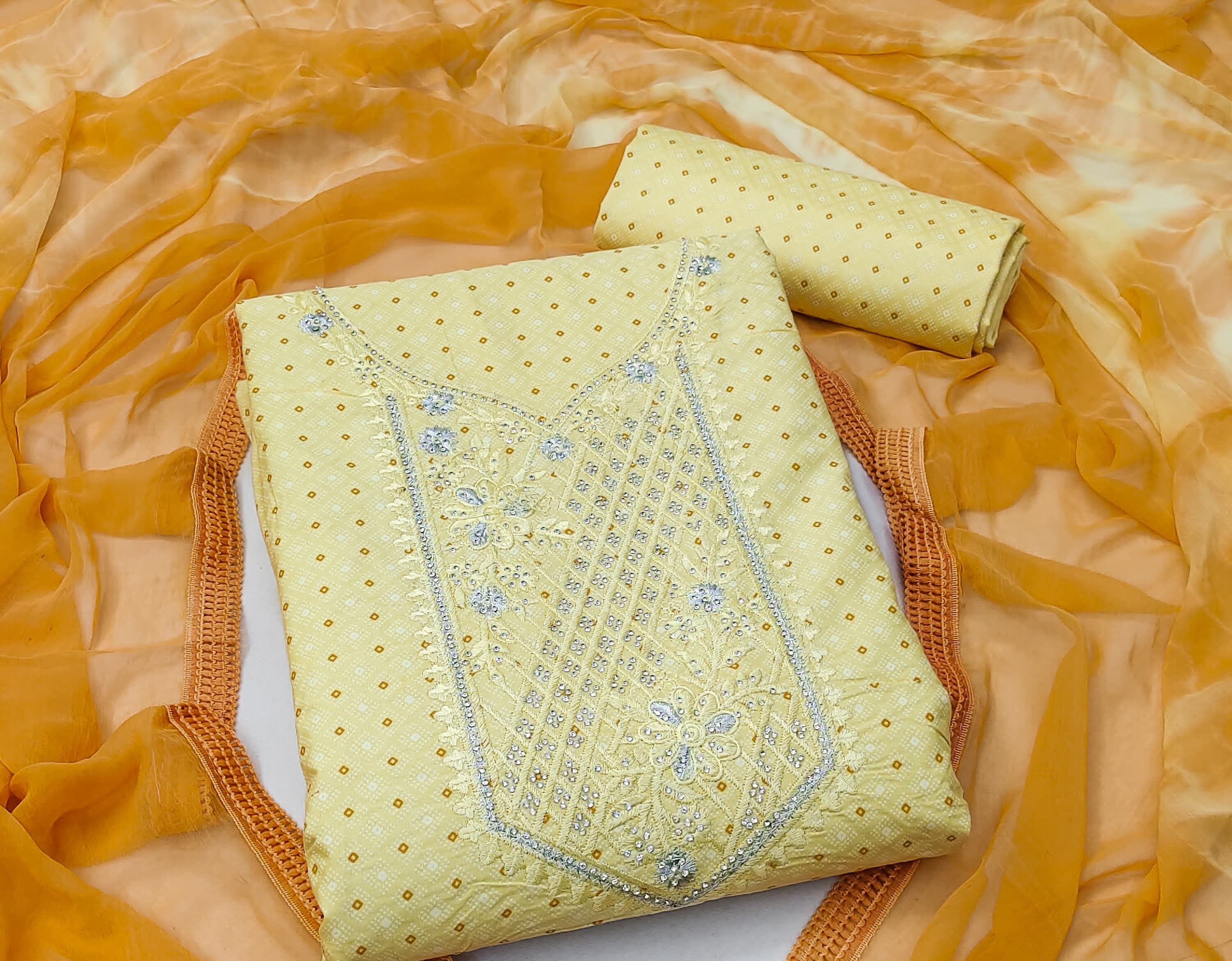 Yellow Cotton Printed Dress Function And Wedding Wear  Embrodary  Work Semi Stitched  Matrials For Women