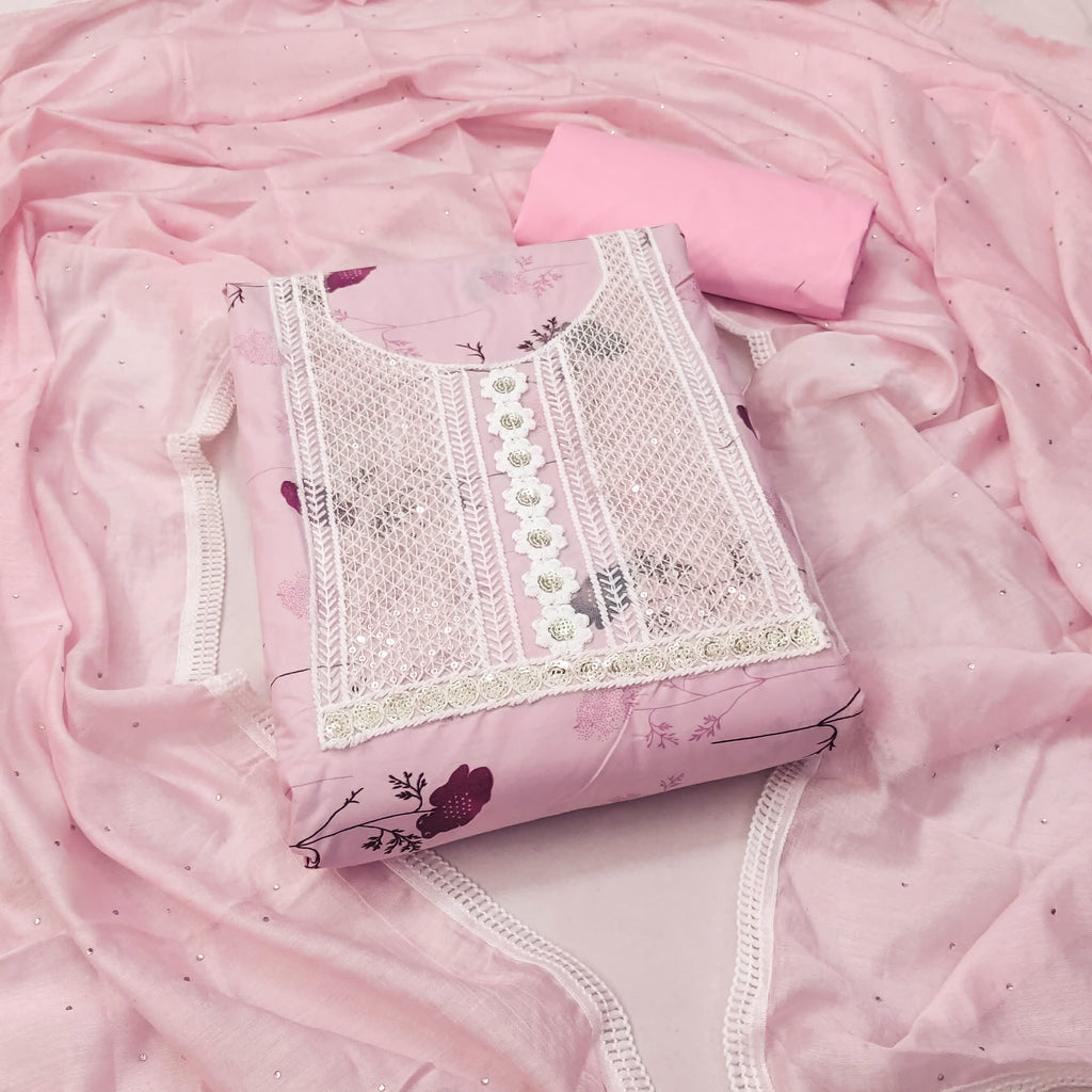 Pink Cotton Printed Dress Function And Wedding Wear  Printed Work Semi Stitched  Matrials For Women