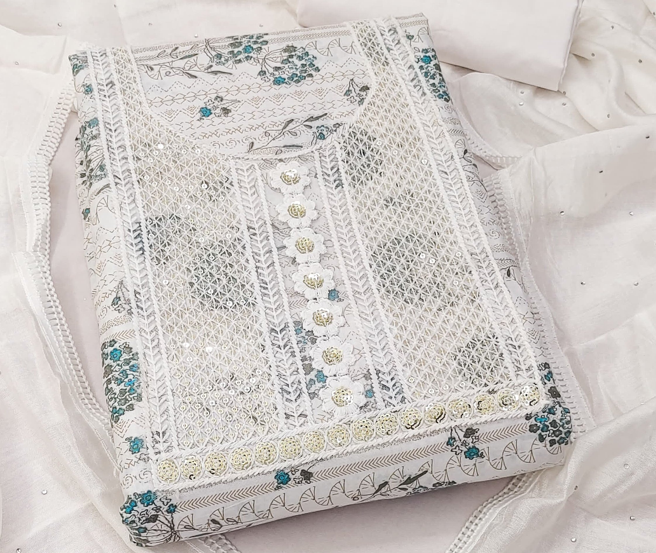 Teal Cotton Printed Dress Function And Wedding Wear  Printed Work Semi Stitched  Matrials For Women